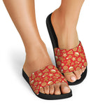 Xmas Gingerbread Pattern Print Black Slide Sandals