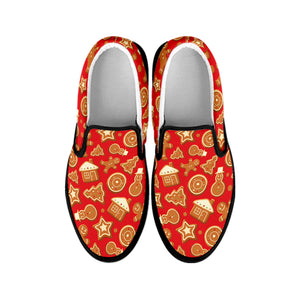 Xmas Gingerbread Pattern Print Black Slip On Shoes