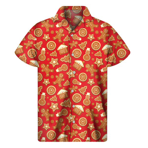 Xmas Gingerbread Pattern Print Men's Short Sleeve Shirt