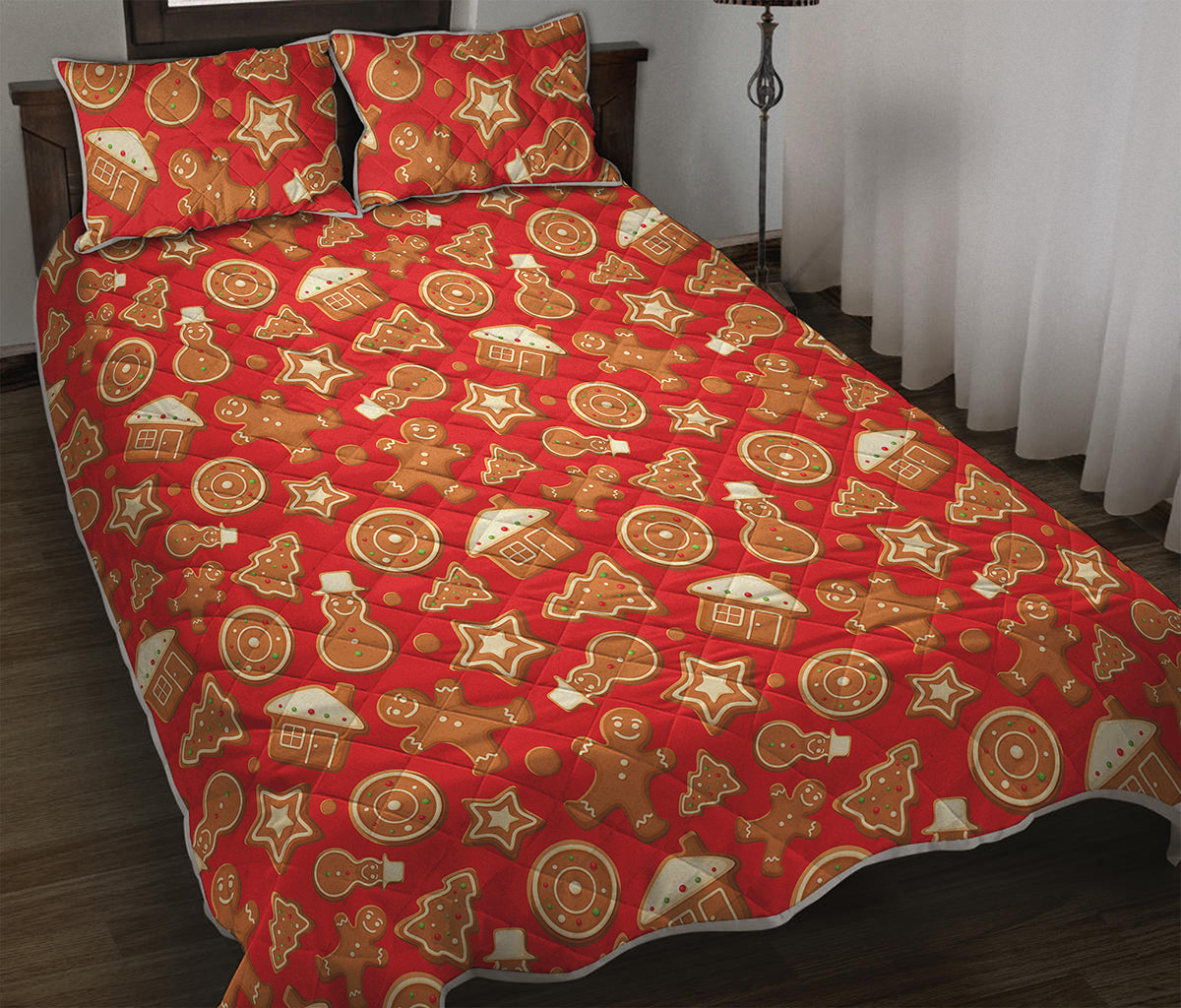 Xmas Gingerbread Pattern Print Quilt Bed Set