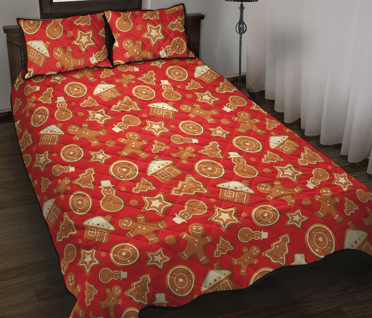 Xmas Gingerbread Pattern Print Quilt Bed Set