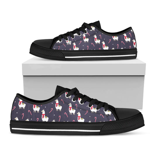 Xmas Llama Pattern Print Black Low Top Shoes