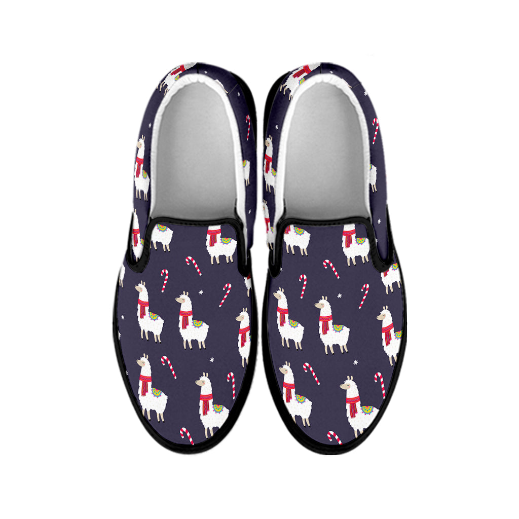 Xmas Llama Pattern Print Black Slip On Shoes