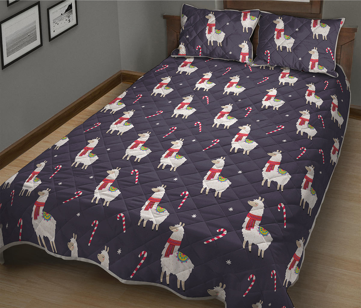 Xmas Llama Pattern Print Quilt Bed Set