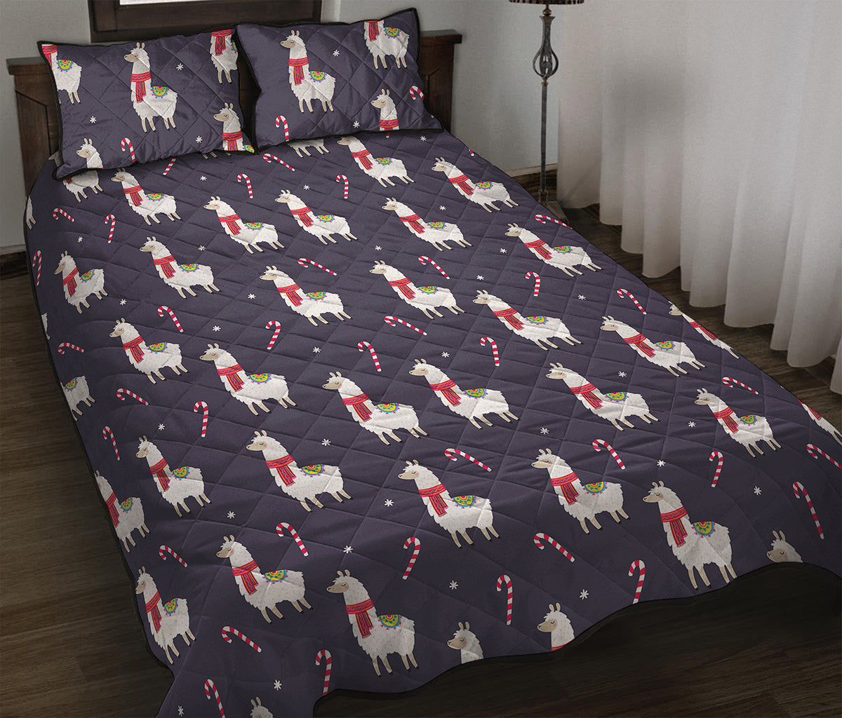Xmas Llama Pattern Print Quilt Bed Set