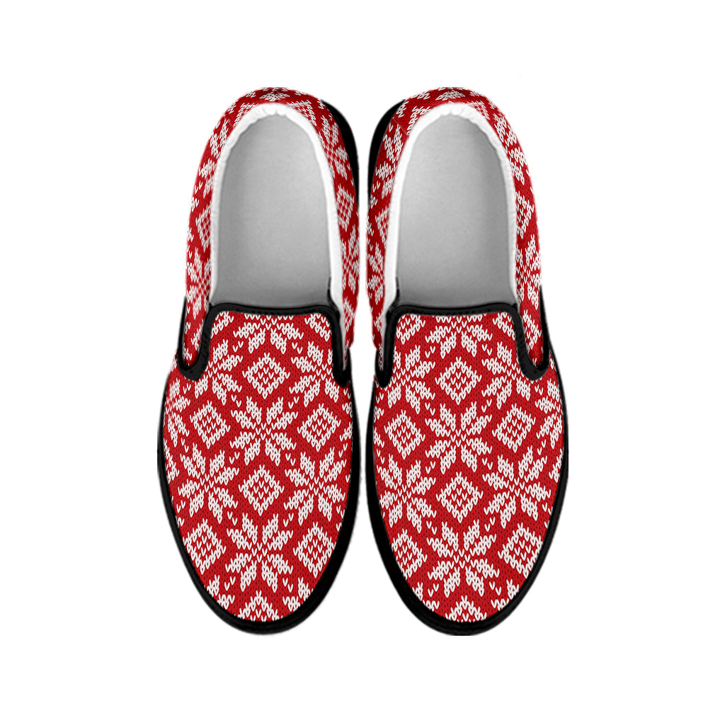 Xmas Nordic Knitted Pattern Print Black Slip On Shoes