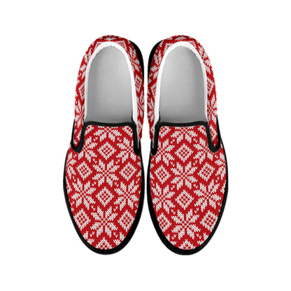 Xmas Nordic Knitted Pattern Print Black Slip On Shoes