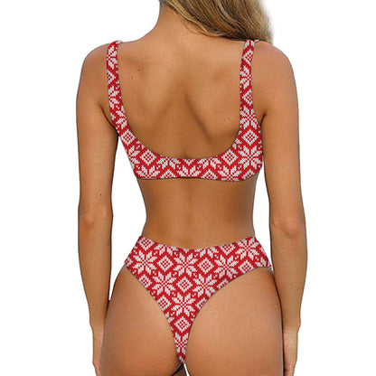 Xmas Nordic Knitted Pattern Print Front Bow Tie Bikini