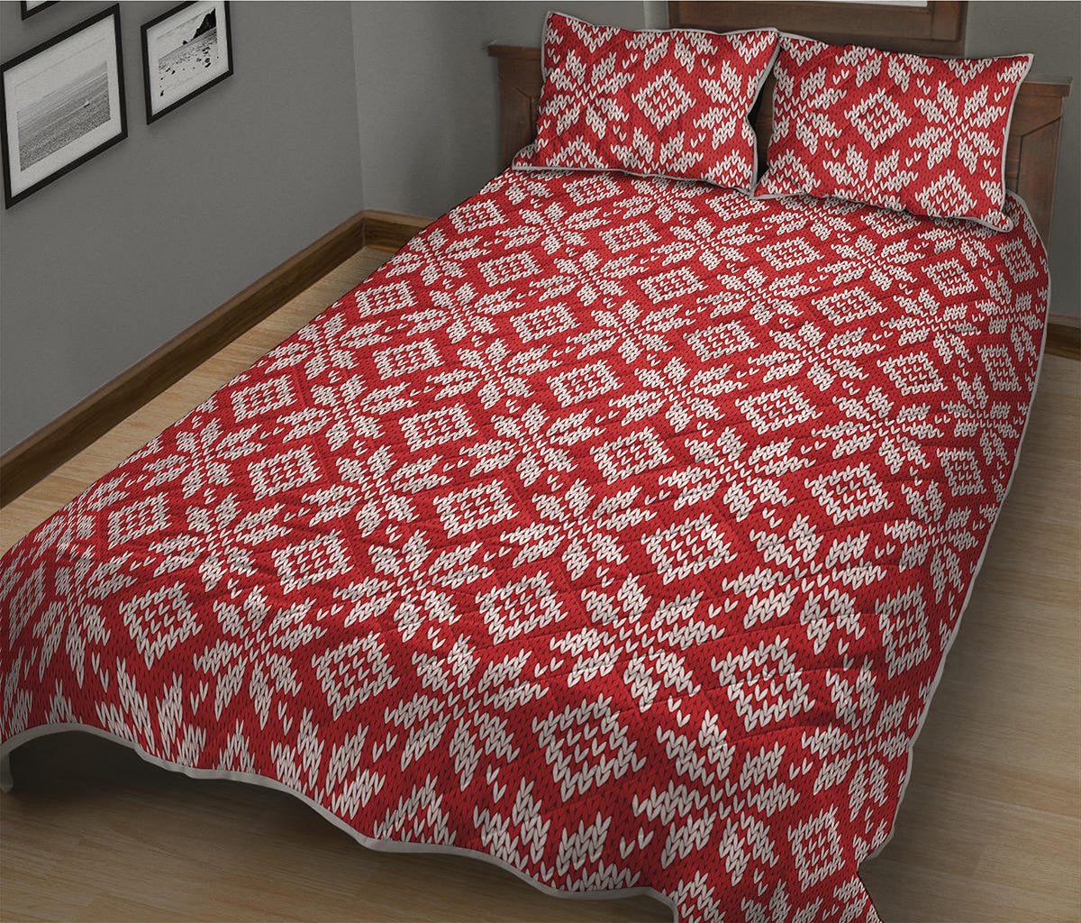 Xmas Nordic Knitted Pattern Print Quilt Bed Set