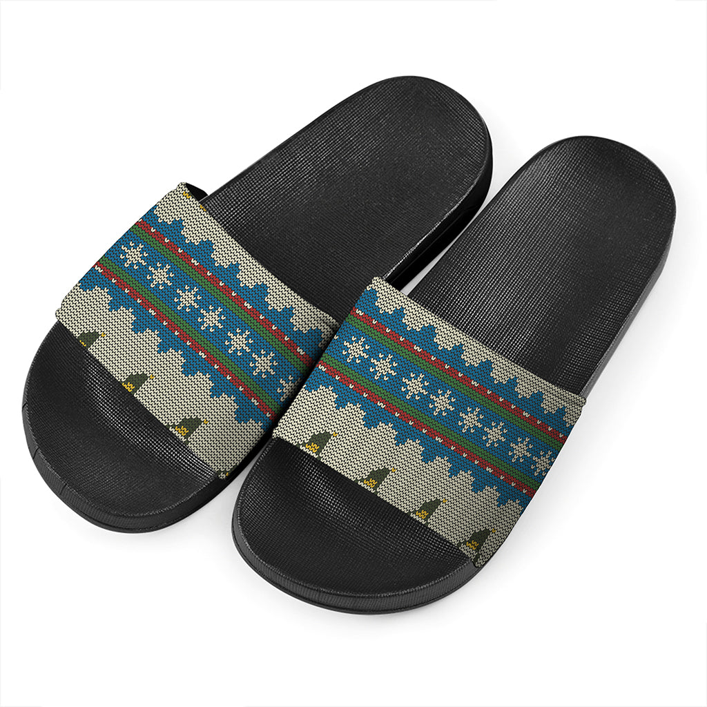 Xmas Penguin Pattern Print Black Slide Sandals