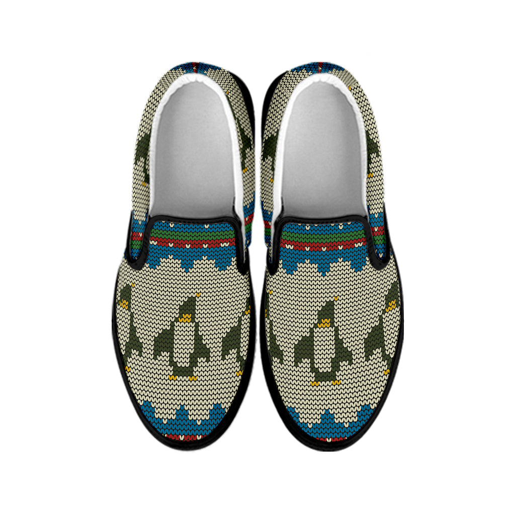 Xmas Penguin Pattern Print Black Slip On Shoes