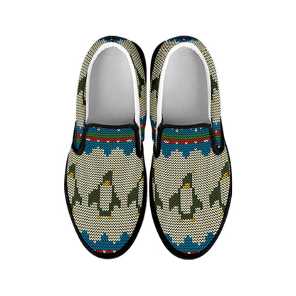 Xmas Penguin Pattern Print Black Slip On Shoes