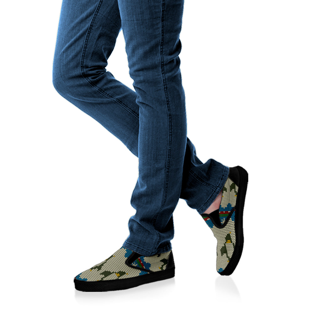 Xmas Penguin Pattern Print Black Slip On Shoes