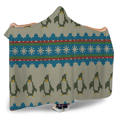 Xmas Penguin Pattern Print Hooded Blanket