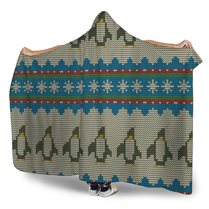 Xmas Penguin Pattern Print Hooded Blanket