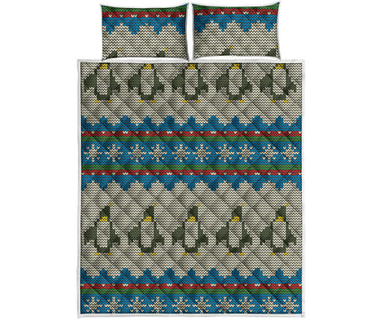 Xmas Penguin Pattern Print Quilt Bed Set