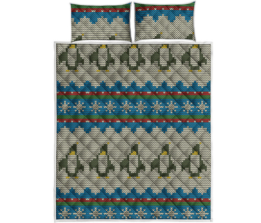 Xmas Penguin Pattern Print Quilt Bed Set
