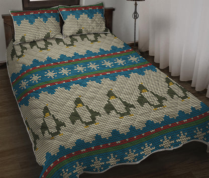 Xmas Penguin Pattern Print Quilt Bed Set