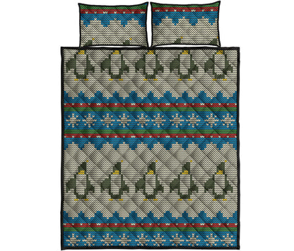 Xmas Penguin Pattern Print Quilt Bed Set
