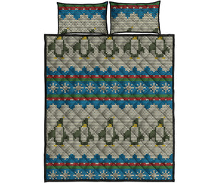 Xmas Penguin Pattern Print Quilt Bed Set