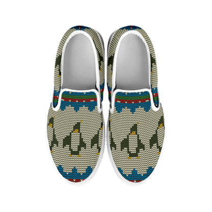 Xmas Penguin Pattern Print White Slip On Shoes