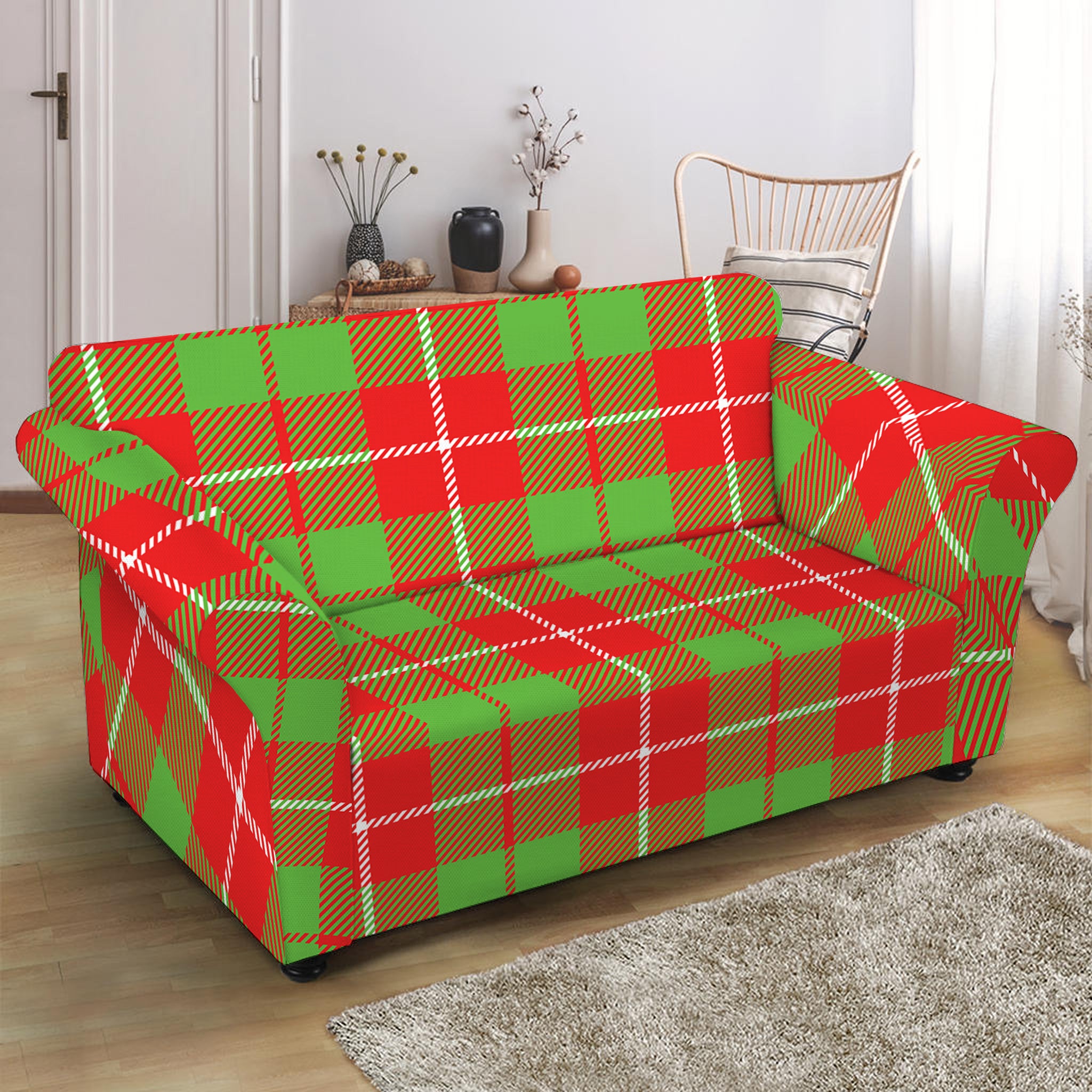 Xmas Plaid Pattern Print Loveseat Slipcover