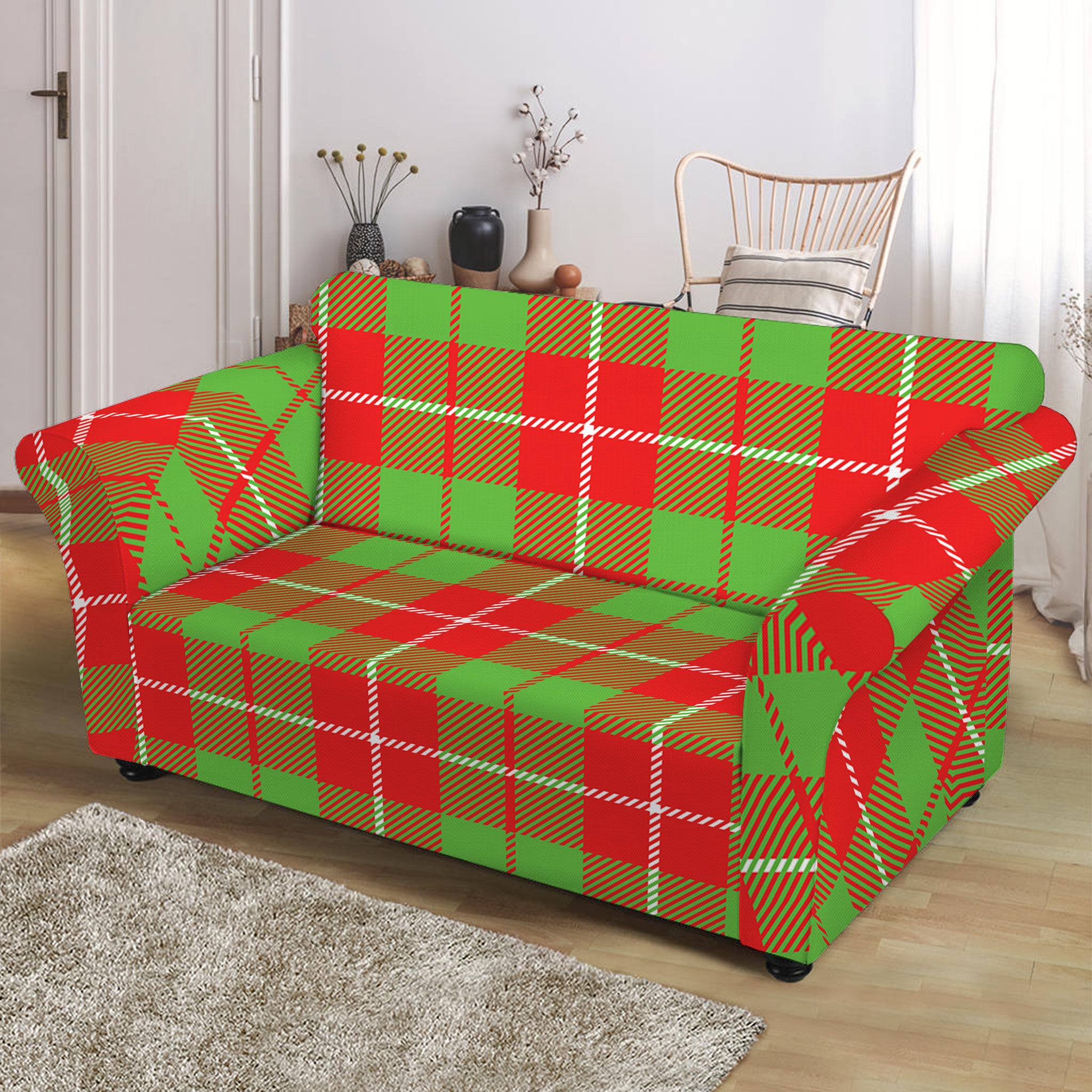 Xmas Plaid Pattern Print Loveseat Slipcover