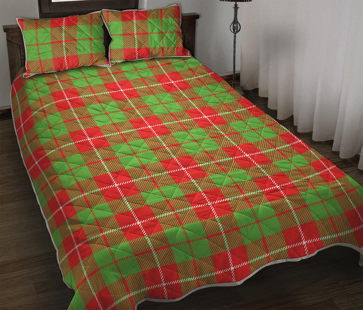 Xmas Plaid Pattern Print Quilt Bed Set