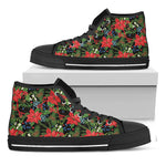 Xmas Poinsettia Pattern Print Black High Top Shoes