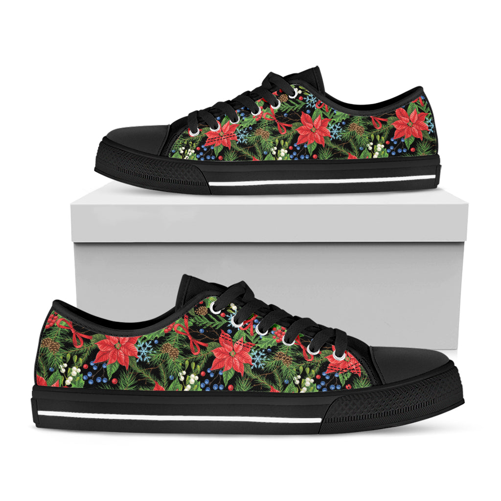 Xmas Poinsettia Pattern Print Black Low Top Shoes