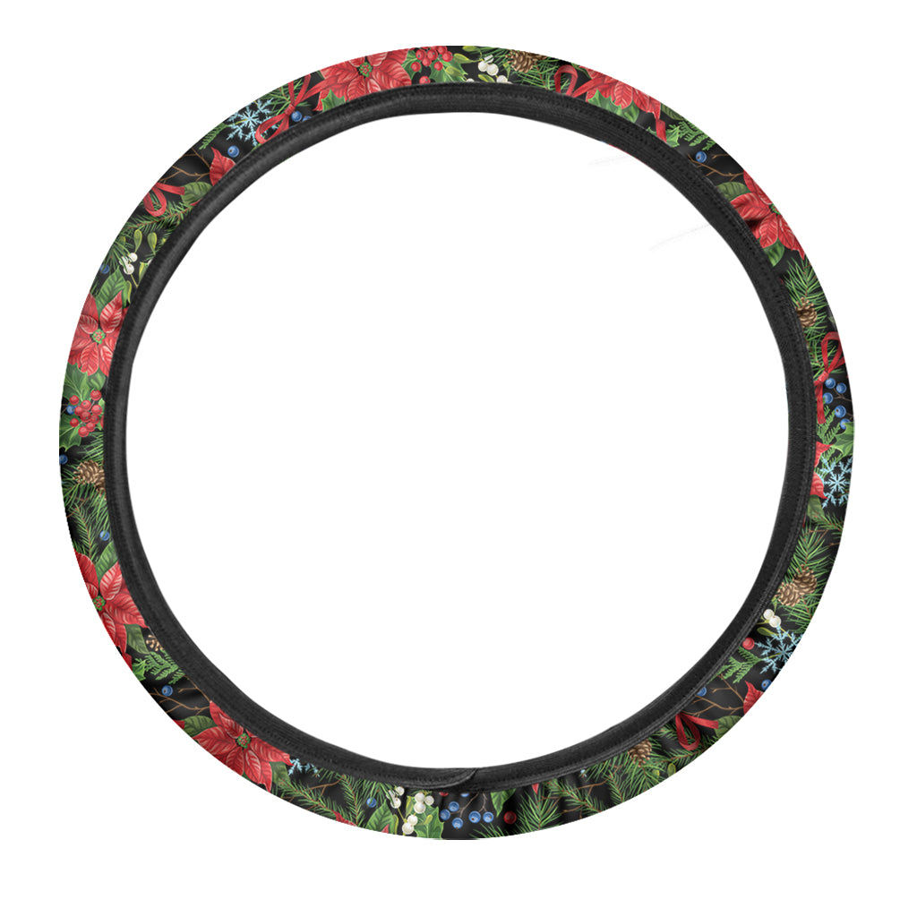 Xmas Poinsettia Pattern Print Car Steering Wheel Cover