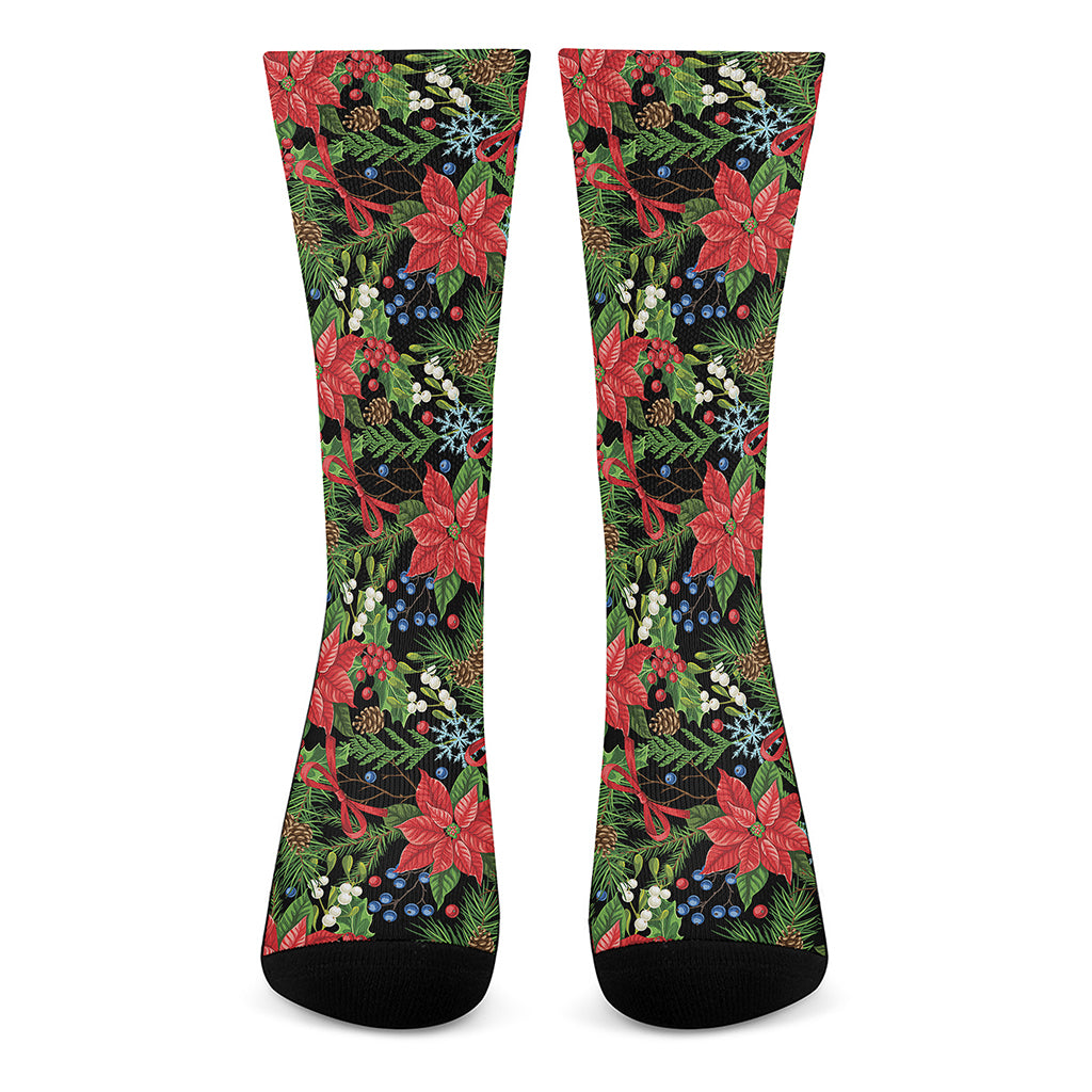 Xmas Poinsettia Pattern Print Crew Socks