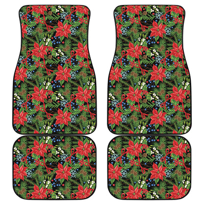 Xmas Poinsettia Pattern Print Front and Back Car Floor Mats