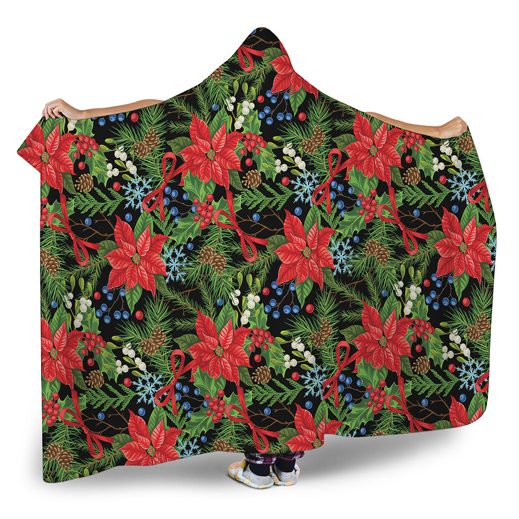 Xmas Poinsettia Pattern Print Hooded Blanket