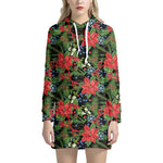 Xmas Poinsettia Pattern Print Hoodie Dress