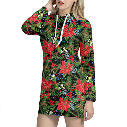 Xmas Poinsettia Pattern Print Hoodie Dress