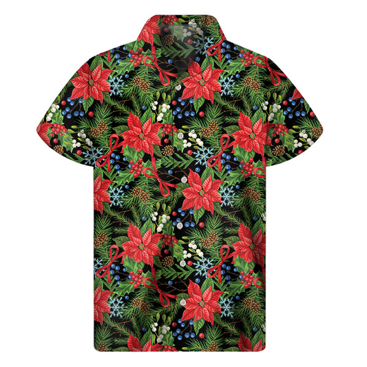 Xmas Poinsettia Pattern Print Men's Short Sleeve Shirt