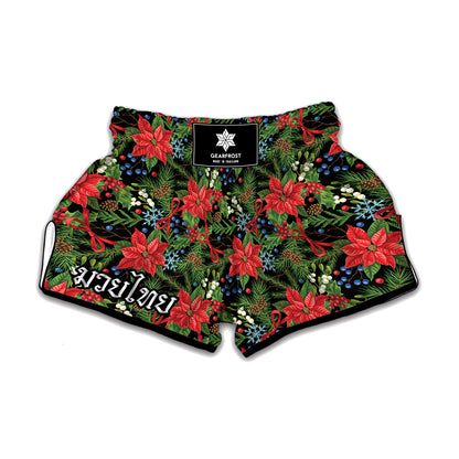 Xmas Poinsettia Pattern Print Muay Thai Boxing Shorts