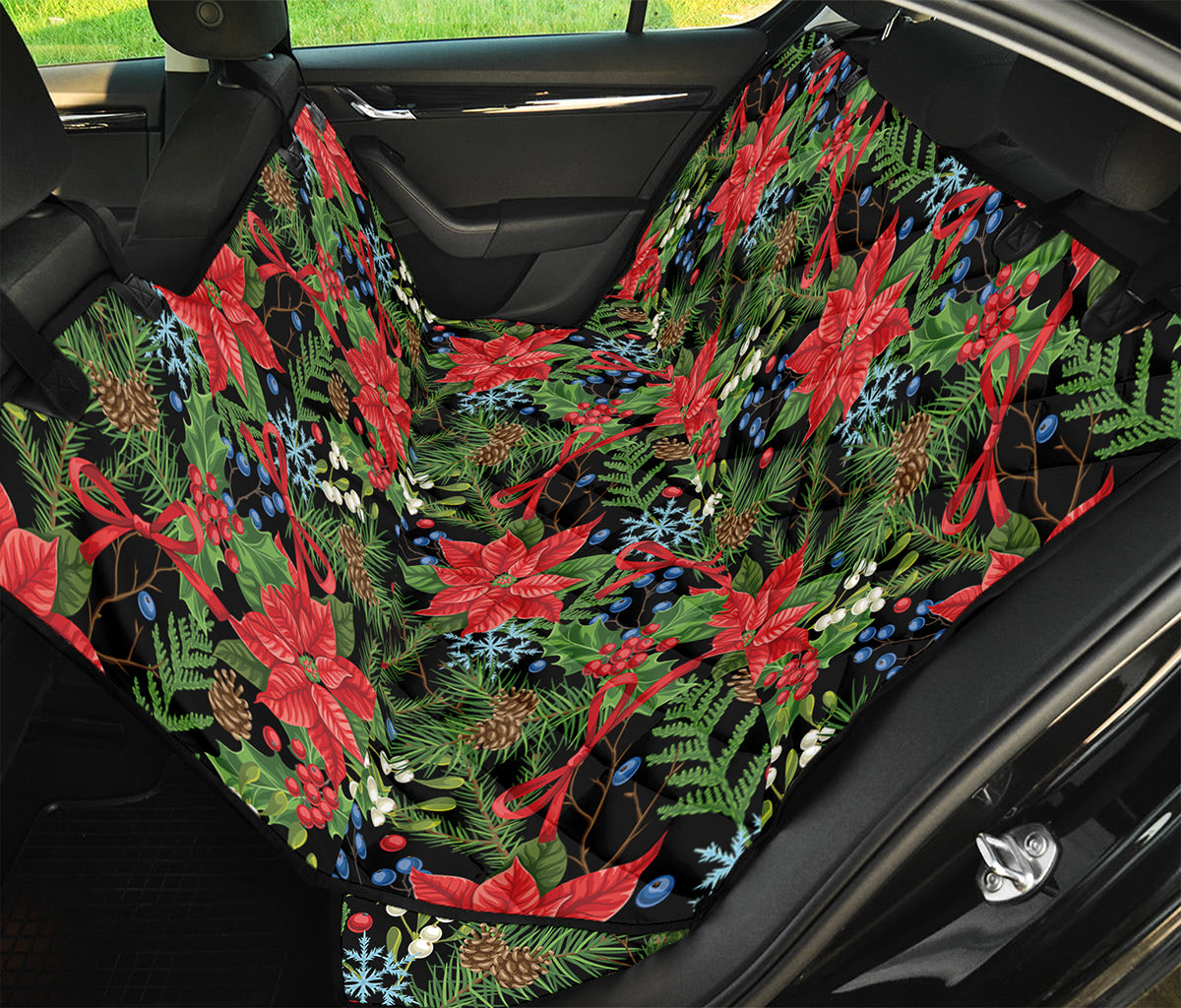 Xmas Poinsettia Pattern Print Pet Car Back Seat Cover