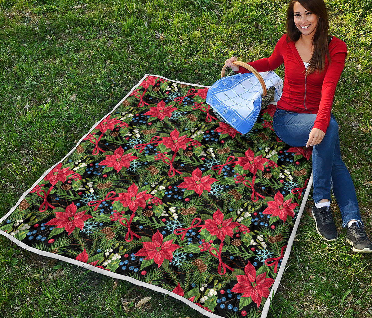 Xmas Poinsettia Pattern Print Quilt