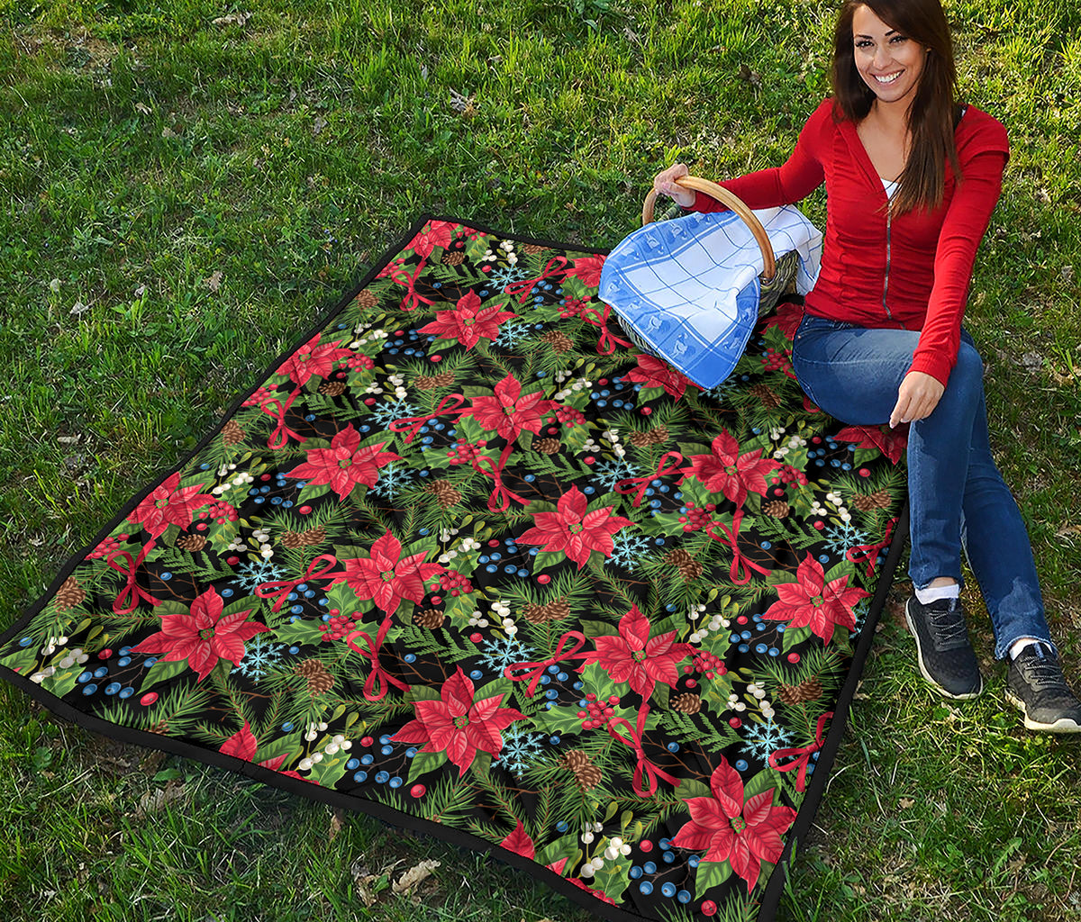 Xmas Poinsettia Pattern Print Quilt