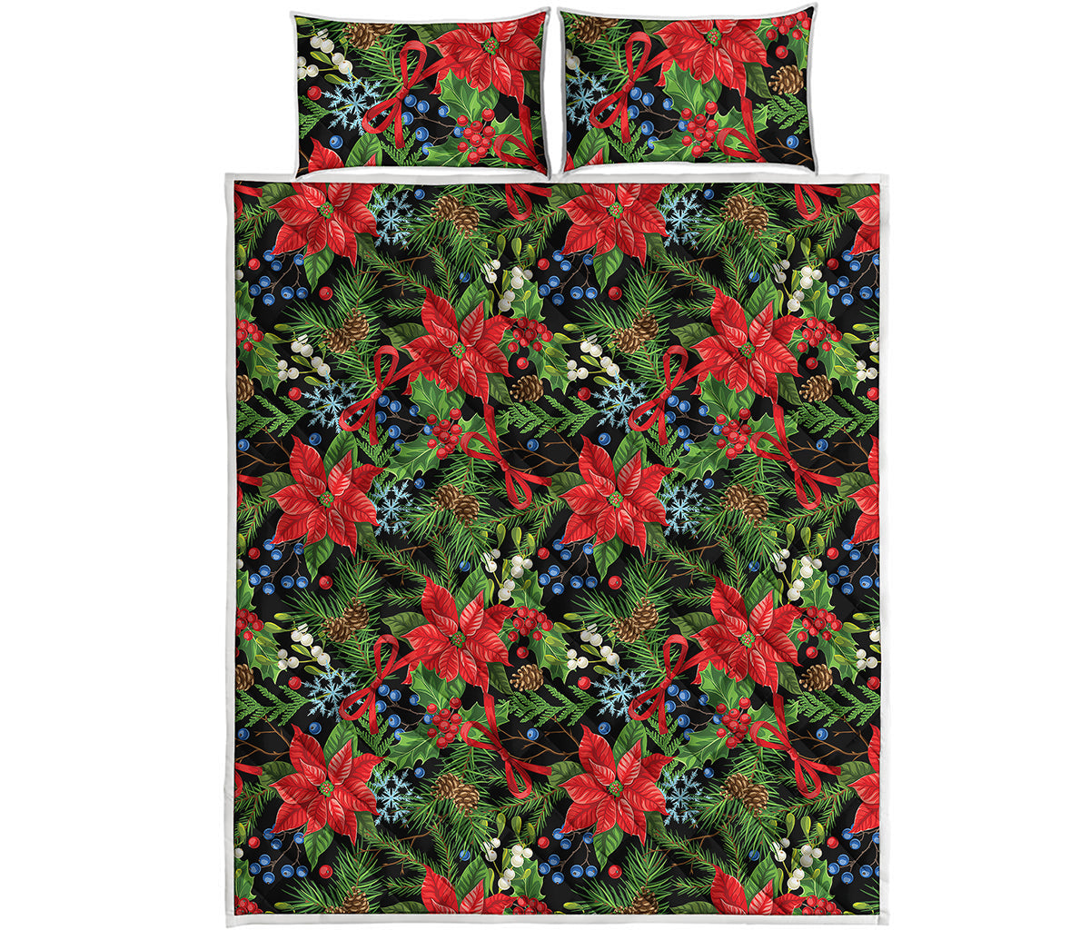 Xmas Poinsettia Pattern Print Quilt Bed Set