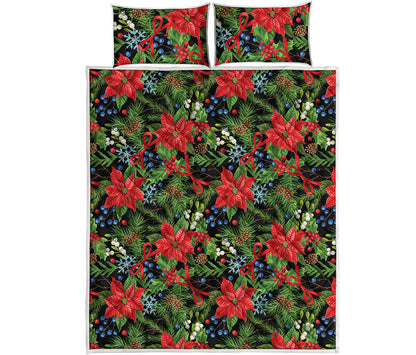 Xmas Poinsettia Pattern Print Quilt Bed Set