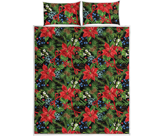 Xmas Poinsettia Pattern Print Quilt Bed Set