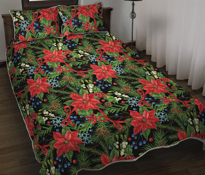 Xmas Poinsettia Pattern Print Quilt Bed Set