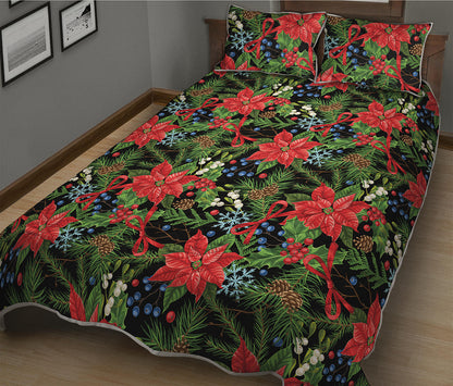 Xmas Poinsettia Pattern Print Quilt Bed Set