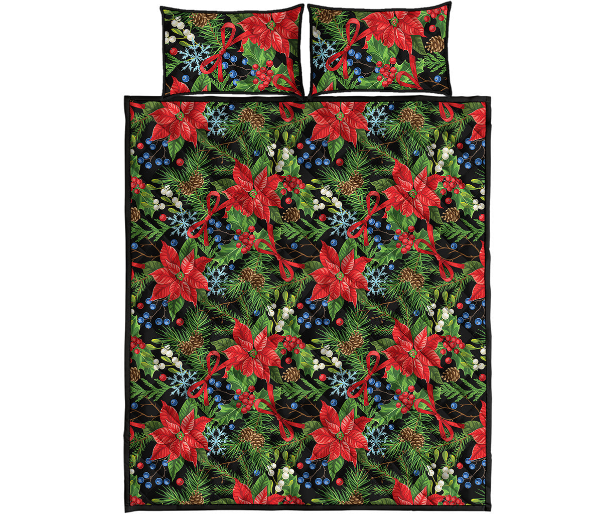 Xmas Poinsettia Pattern Print Quilt Bed Set