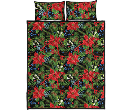 Xmas Poinsettia Pattern Print Quilt Bed Set