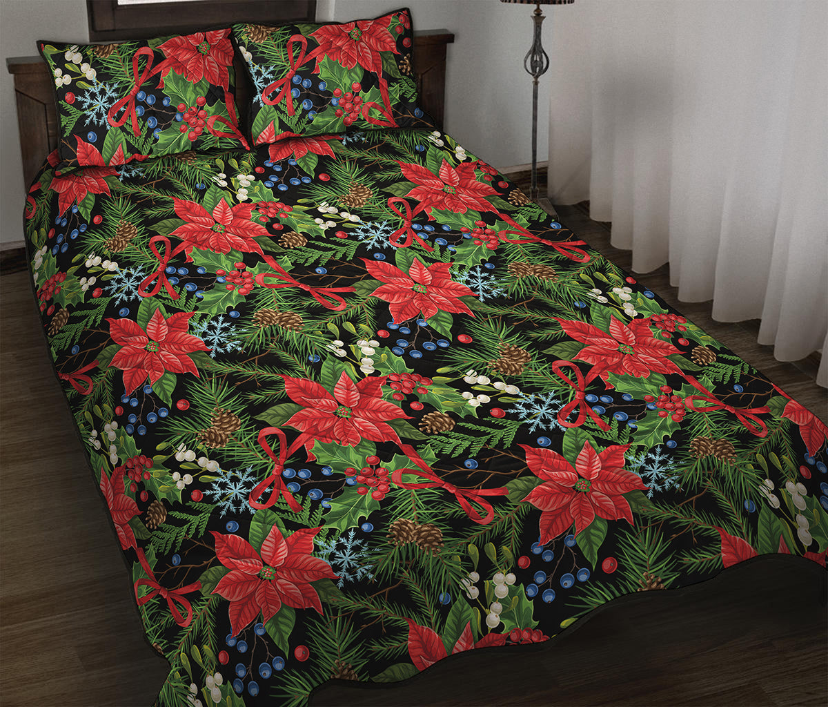 Xmas Poinsettia Pattern Print Quilt Bed Set