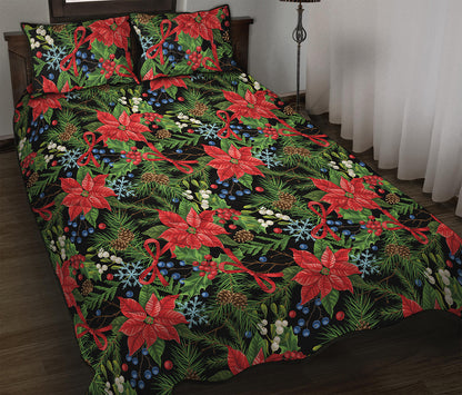 Xmas Poinsettia Pattern Print Quilt Bed Set